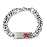 Stainless Steel Polished with Red Enamel 8.5in Medical ID Bracelet ,