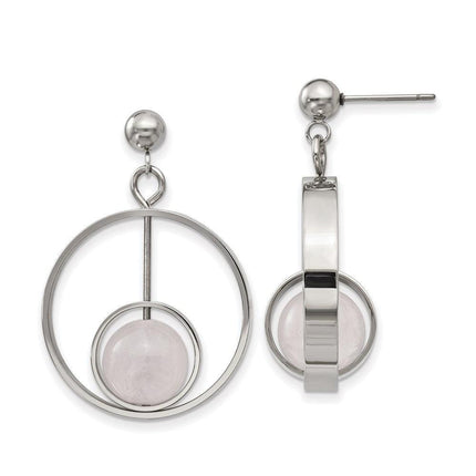 Stainless Steel Polished with Rose Quartz Moveable Post Dangle Earrings ,
