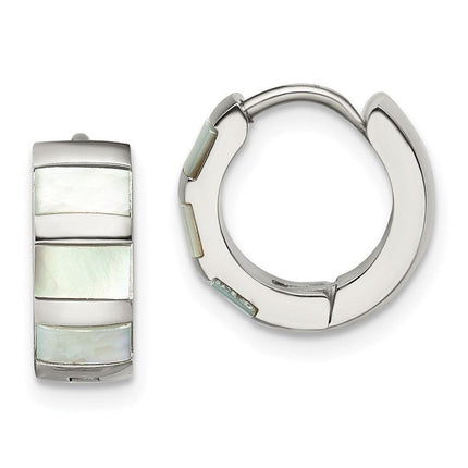 Stainless Steel Polished with Shell Pearl Hinged Hoop Earrings ,