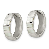 Stainless Steel Polished with Shell Pearl Hinged Hoop Earrings ,