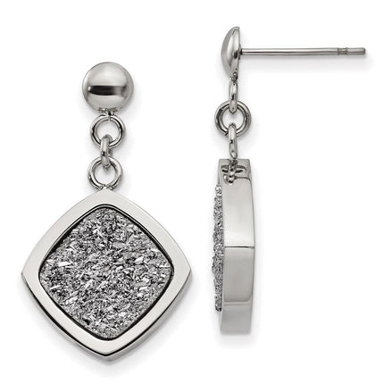 Stainless Steel Polished with Silver Druzy Post Dangle Earrings ,