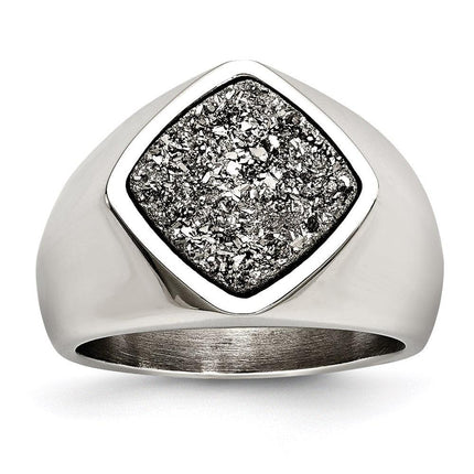 Stainless Steel Polished with Silver Druzy Ring ,