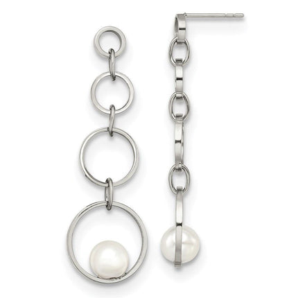 Stainless Steel Polished with Simulated Pearl Post Dangle Earrings ,