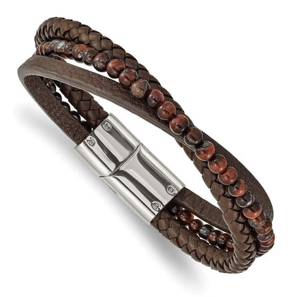 Stainless Steel Polished with Tiger's Eye Brown Leather 8.25in Bracelet ,