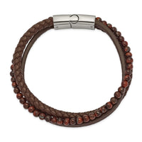Stainless Steel Polished with Tiger's Eye Brown Leather 8.25in Bracelet ,