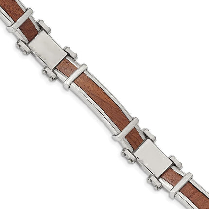 Stainless Steel Polished with Wood Inlay 8.25in Bracelet ,