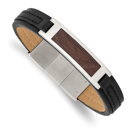 Stainless Steel Polished with Wood Inlay Black Leather w/.5in ext Bracelet ,