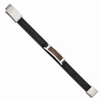Stainless Steel Polished with Wood Inlay Black Leather w/.5in ext Bracelet ,
