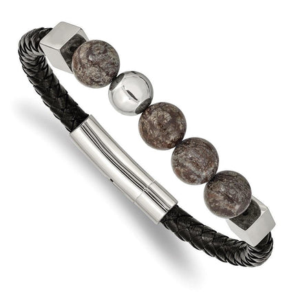 Stainless Steel Polished w/Labradorite Black Leather 8.5in Bracelet ,