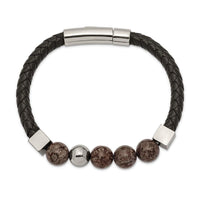 Stainless Steel Polished w/Labradorite Black Leather 8.5in Bracelet ,