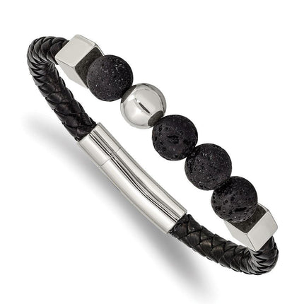 Stainless Steel Polished w/Lava Stone Black Leather 8in Bracelet ,