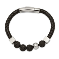 Stainless Steel Polished w/Lava Stone Black Leather 8in Bracelet ,