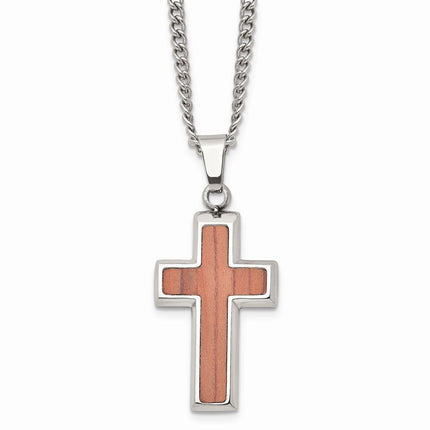Stainless Steel Polished Wood Inlay Cross Necklace ,