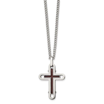 Stainless Steel Polished Wood with Enamel Overlay Cross Necklace ,