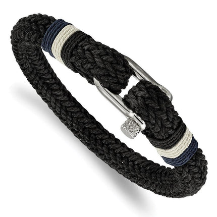 Stainless Steel Polished Woven Black Cotton Bracelet ,