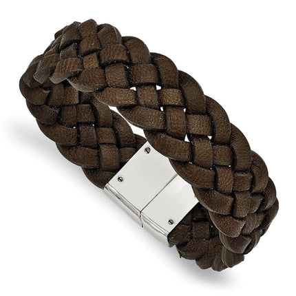 Stainless Steel Polished Woven Brown Leather Bracelet ,