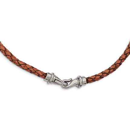 Stainless Steel Polished Woven Brown Leather Necklace ,