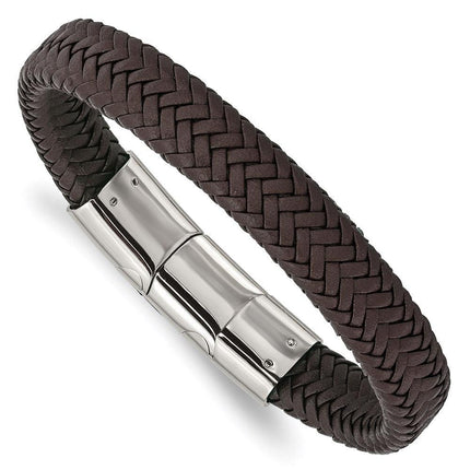 Stainless Steel Polished Woven D.Brown Leather w/.5in ext 8in Bracelet ,