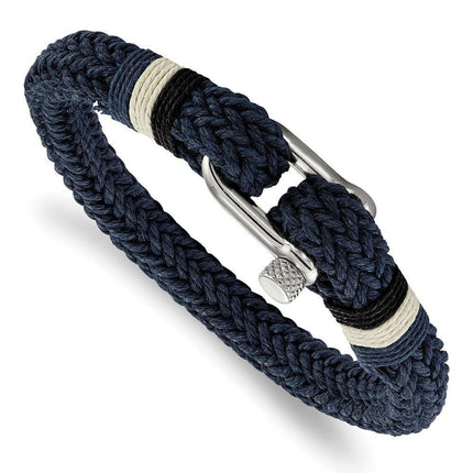 Stainless Steel Polished Woven Navy Cotton Bracelet ,