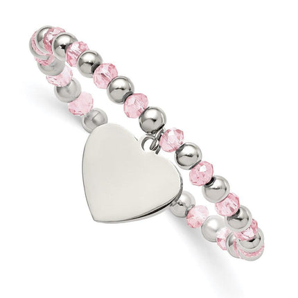 Stainless Steel Polished w/Pink Glass Beads Heart Dangle Stretch Bracelet ,
