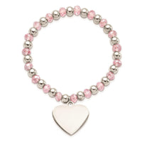 Stainless Steel Polished w/Pink Glass Beads Heart Dangle Stretch Bracelet ,