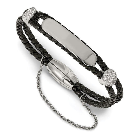 Stainless Steel Polished w/Preciosa Crystal Braided Leather Bracelet ,