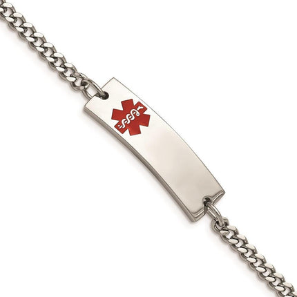 Stainless Steel Polished w/Red Enamel 8.75in Medical ID Bracelet ,