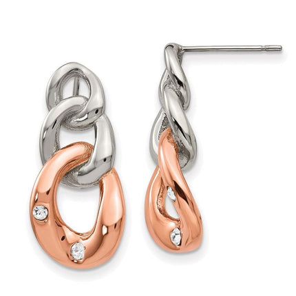 Stainless Steel Polished w/Rose IP Loop Crystal Dangle Post Earrings ,