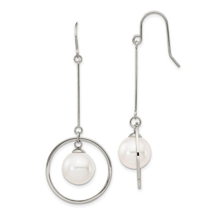 Stainless Steel Polished w/Simulated Pearl Shepherd Hook Dangle Earrings ,
