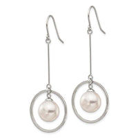 Stainless Steel Polished w/Simulated Pearl Shepherd Hook Dangle Earrings ,