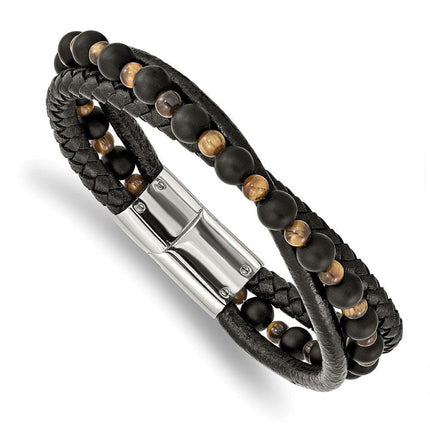 Stainless Steel Polished w/Tiger's Eye/Black Agate Leather 8.25in Bracelet ,