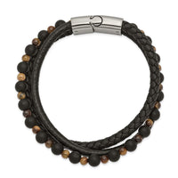 Stainless Steel Polished w/Tiger's Eye/Black Agate Leather 8.25in Bracelet ,