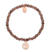 Stainless Steel Polished XO Rose IP-plated Brown Jade Stretch Bracelet ,