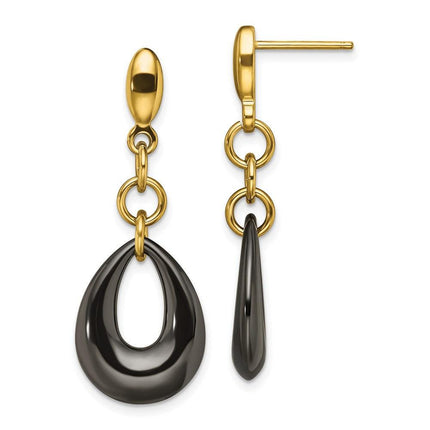 Stainless Steel Polished Yellow IP Blk Ceramic Post Dangle Earrings ,