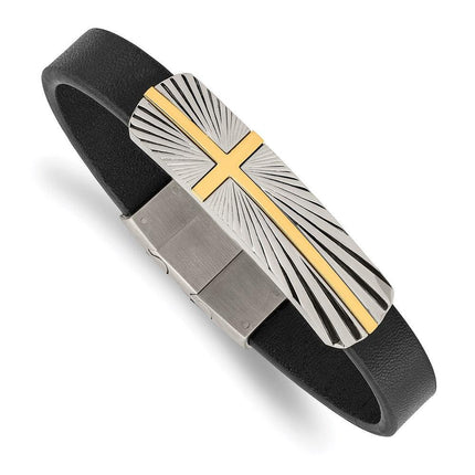 Stainless Steel Polished Yellow IP Cross Black Leather w/.5in ext Bracelet ,