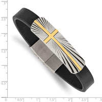 Stainless Steel Polished Yellow IP Cross Black Leather w/.5in ext Bracelet ,