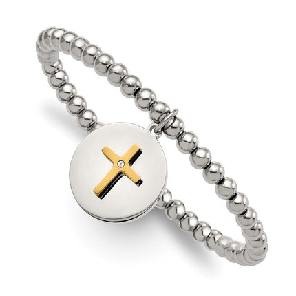Stainless Steel Polished Yellow IP Cross w/Crystal FAITH Stretch Bracelet ,