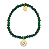 Stainless Steel Polished Yellow IP Dove Green Jade Beaded Stretch Bracelet ,
