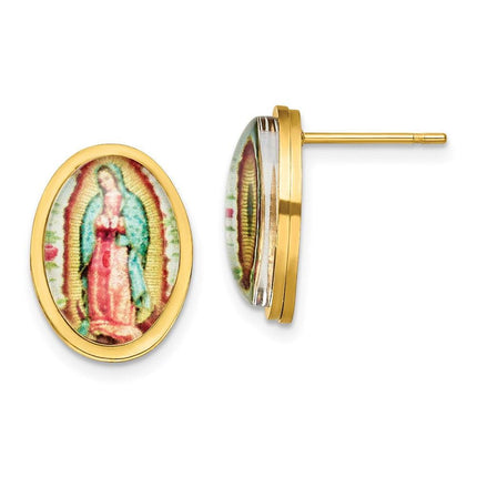 Stainless Steel Polished Yellow IP Enamel Lady of Guadalupe Post Earrings ,