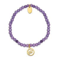 Stainless Steel Polished Yellow IP Eye of Horus Purple Jade Stretch Bracele ,