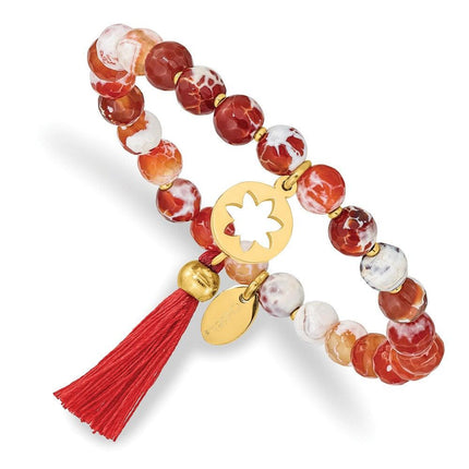 Stainless Steel Polished Yellow IP Flower Orange Agate Stretch Bracelet ,
