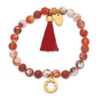 Stainless Steel Polished Yellow IP Flower Orange Agate Stretch Bracelet ,