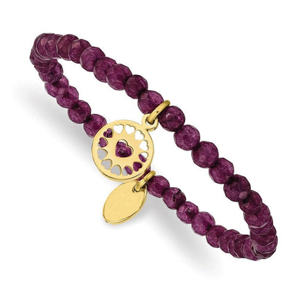 Stainless Steel Polished Yellow IP Heart Dark Purple Jade Stretch Bracelet ,