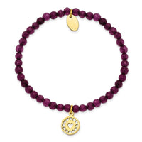 Stainless Steel Polished Yellow IP Heart Dark Purple Jade Stretch Bracelet ,