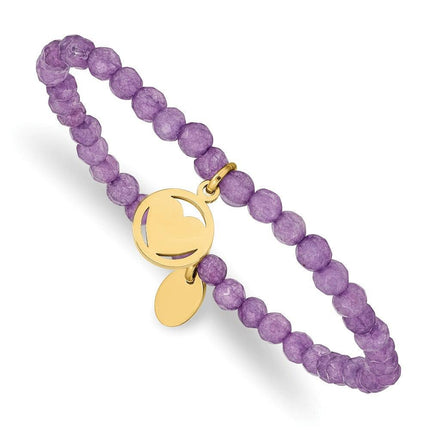 Stainless Steel Polished Yellow IP Heart Light Purple Jade Stretch Bracelet ,