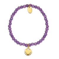 Stainless Steel Polished Yellow IP Heart Light Purple Jade Stretch Bracelet ,