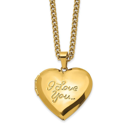 Stainless Steel Polished Yellow IP I LOVE YOU Heart Locket 24in Necklace ,