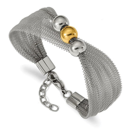 Stainless Steel Polished Yellow IP-plated Bead Mesh 7in w/1in ext. Bracelet ,