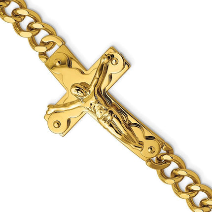 Stainless Steel Polished Yellow IP-plated Crucifix 8.25in Bracelet ,