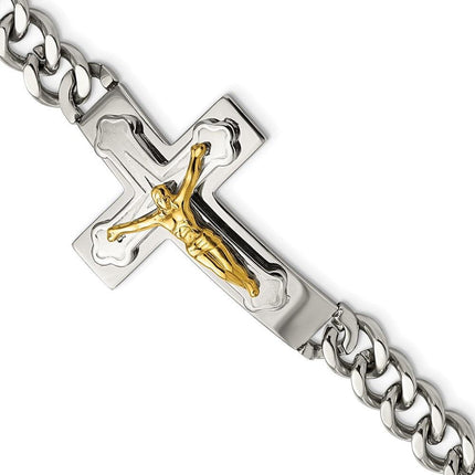 Stainless Steel Polished Yellow IP-plated Crucifix 8in Bracelet ,